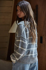 Knit Sweater Striped Collar V-Neck Long Sleeve Top