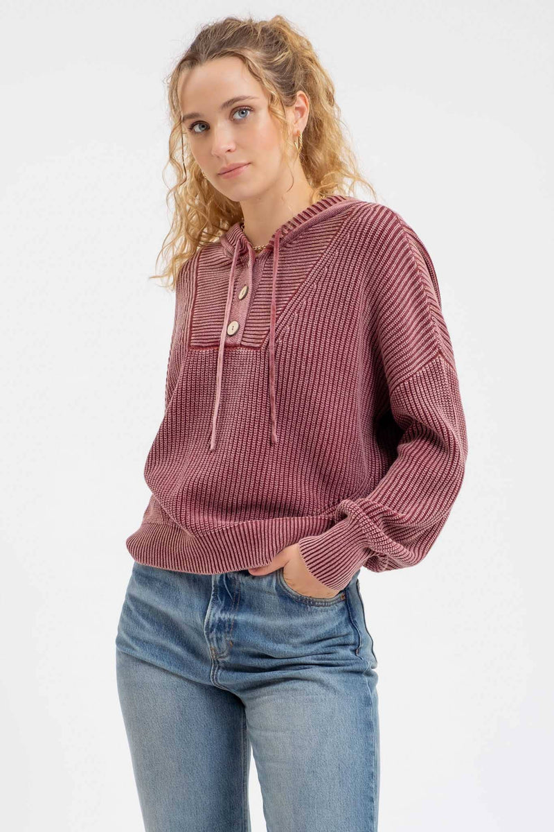 HOODED HENLEY KNIT SWEATSHIRT