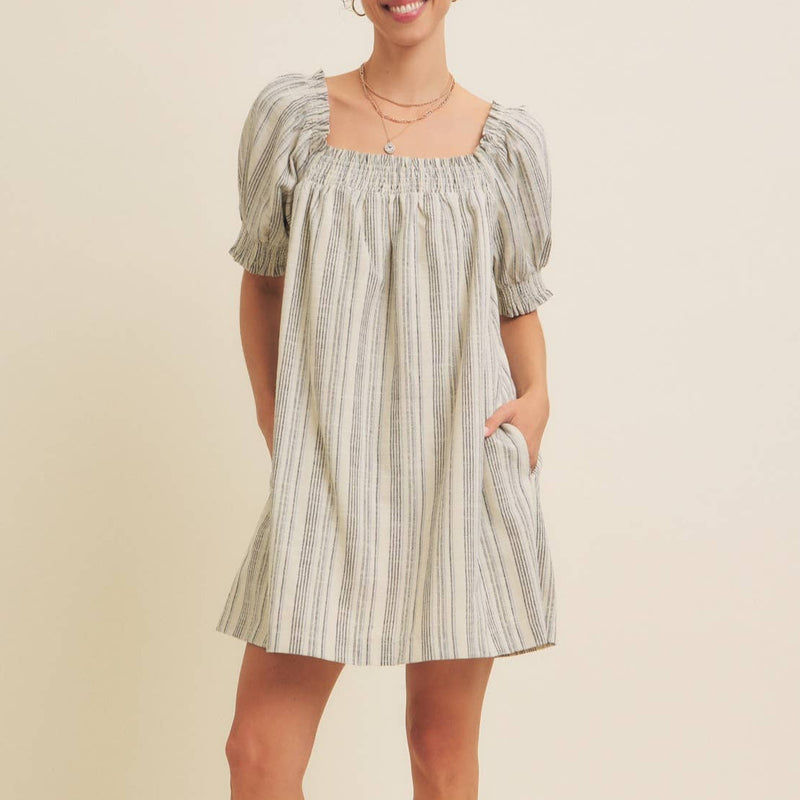 COTTON LINEN STRIPE MINI DRESS WITH SMOCKED SLEEVES