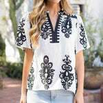 Split Neck Short Sleeve Print Top