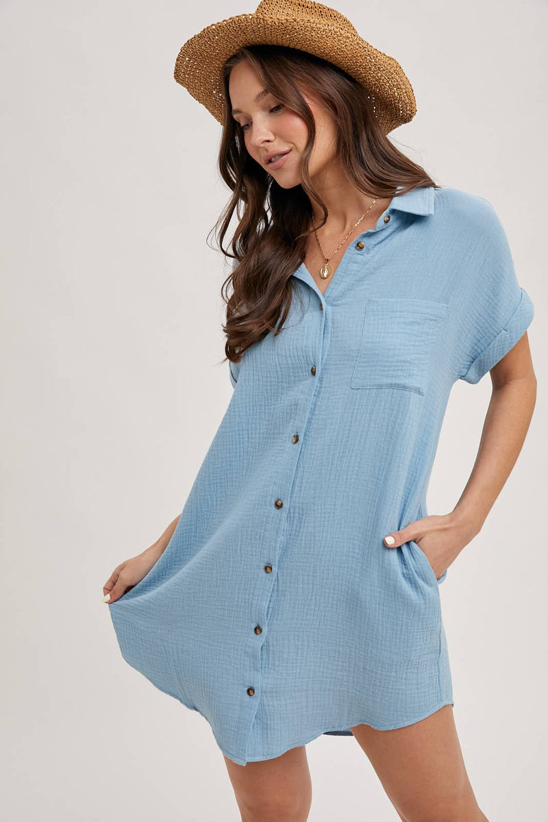 Button Up Shirt Dress with Pocket - Blue
