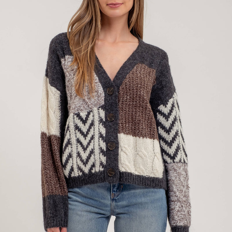 V-Neck Patchwork Cable Knit Cardigan