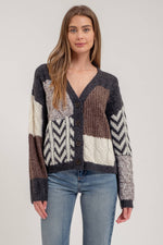 V-Neck Patchwork Cable Knit Cardigan