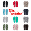 Collection of colorful flip-flops arranged in a grid with Archies logo above.