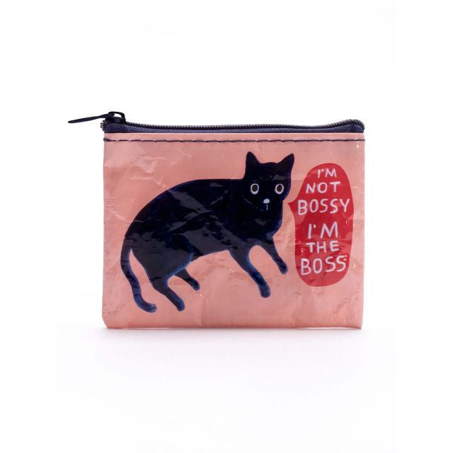 A blue coin purse with the text 'COIN PURSES' printed on it, indicating the product category and highlighting its material composition.