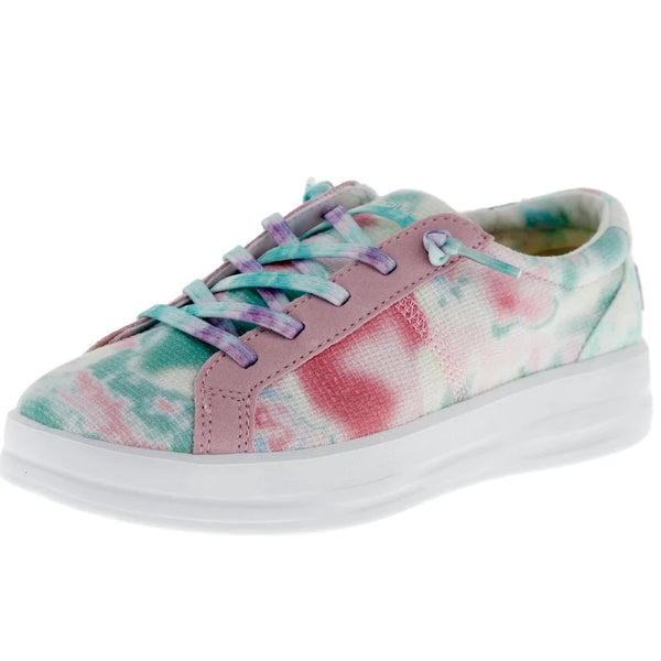 Multicolored tie-dye sneaker on a white background