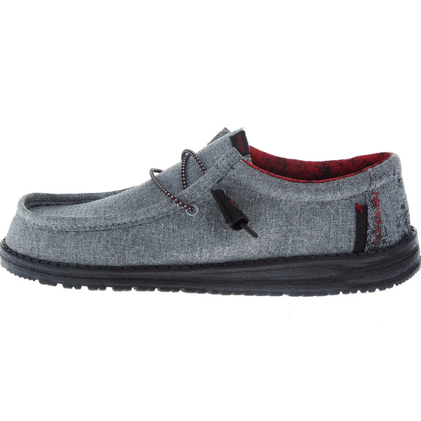 Gray casual shoe with red interior on a white background