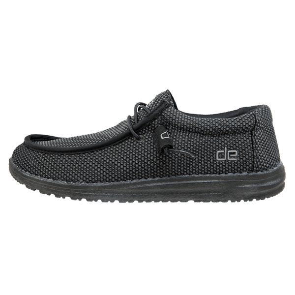 Black shoe with textured surface and brand logo on a white background