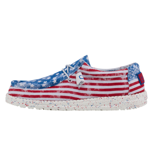 Hey Dude shoe with American flag design on a white background