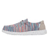 Multicolored striped shoe with a white sole on a white background