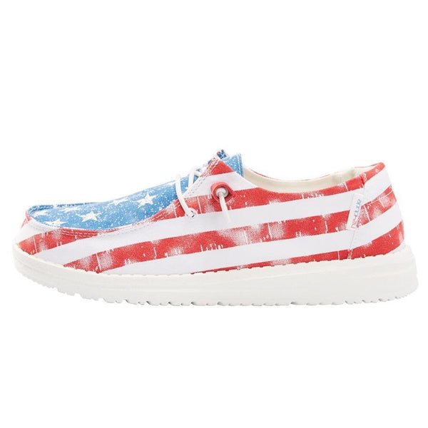 Shoe with American flag design on a white background