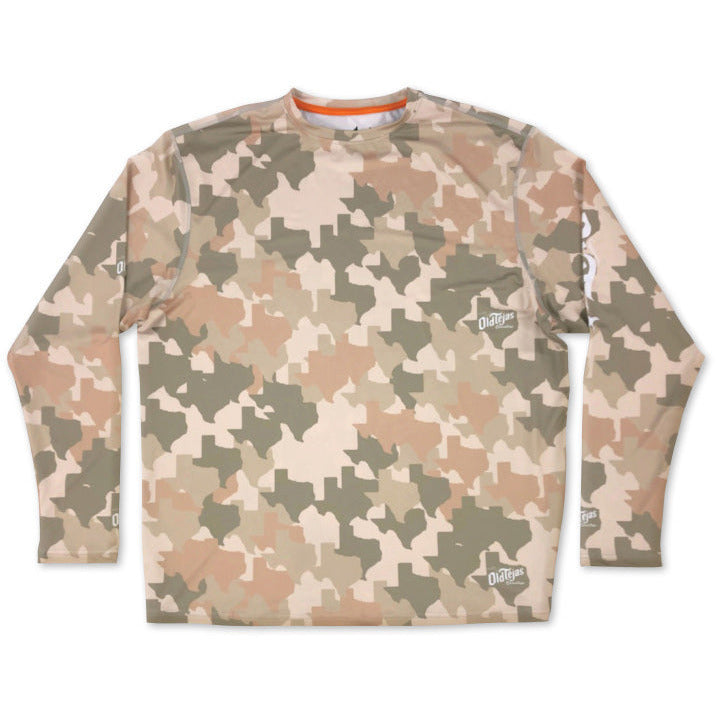 Camouflage long-sleeve shirt on a white background