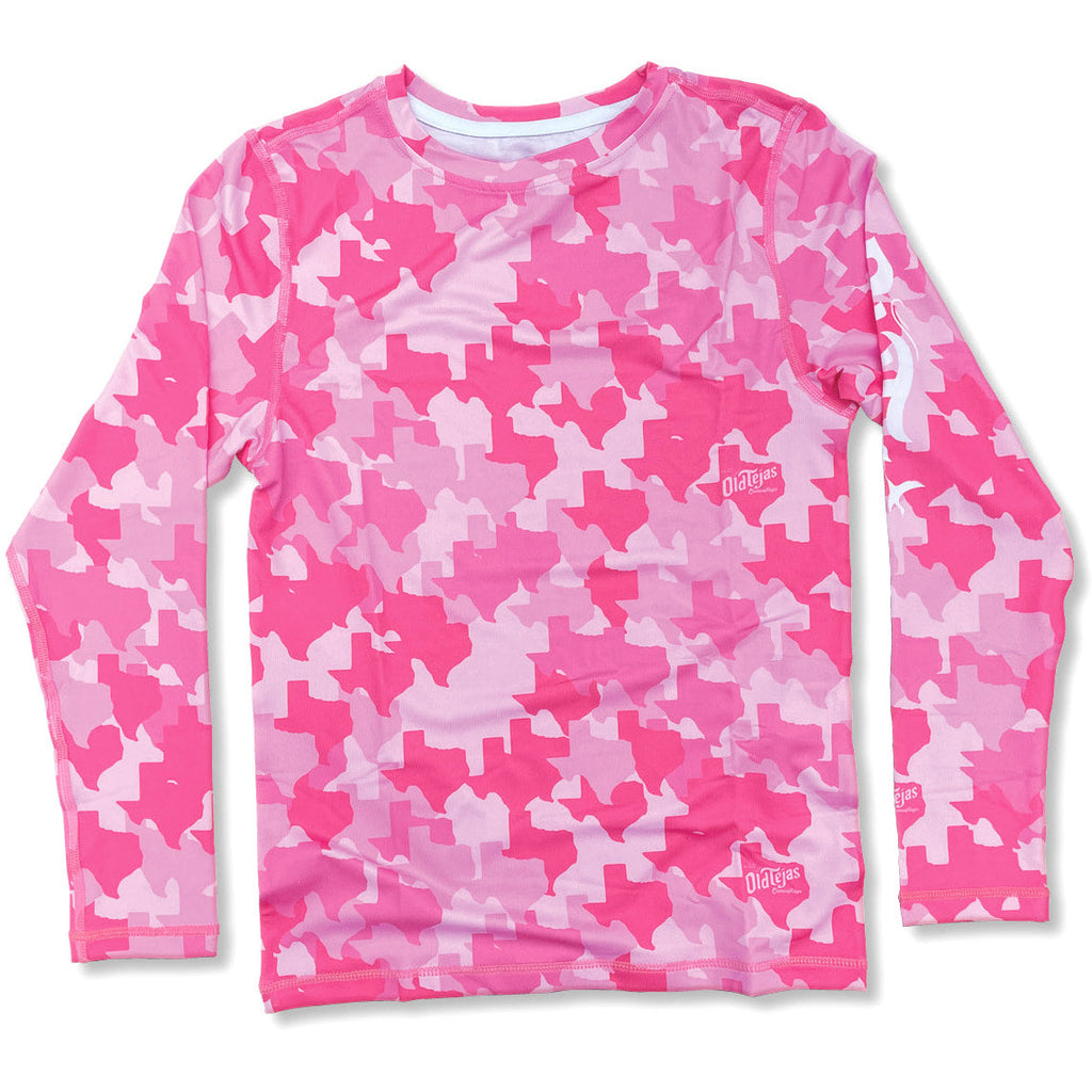 Pink camouflage long-sleeve shirt on a white background